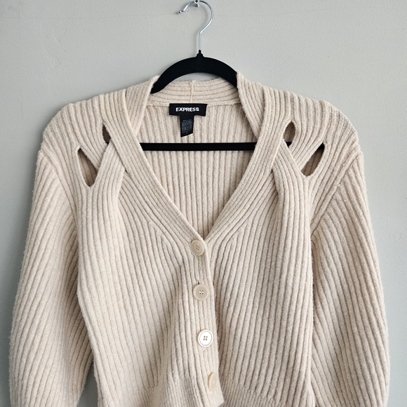 Express Women's Cream Ribbed Button-Up Cardigan - Picture 2 of 13